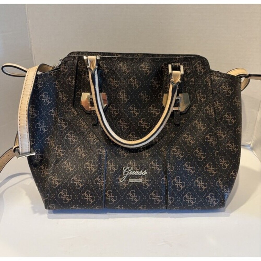 GUESS brown logo-print satchel with contrasting beige top handles